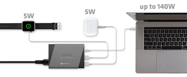 ドッキングステーションからノートPCや周辺機器へ給電している様子