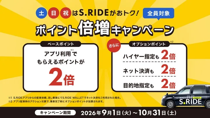 S.RIDEポイント倍増キャンペーンの告知画像。土日祝の利用でポイントが2倍になる内容。