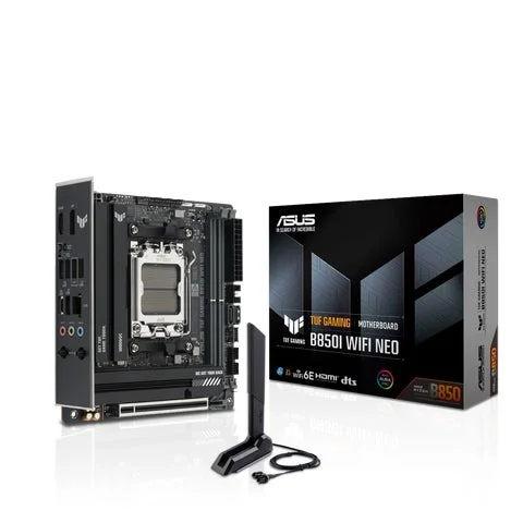 TUF GAMING B850I WIFI NEO本体と外箱、WiFiアンテナ