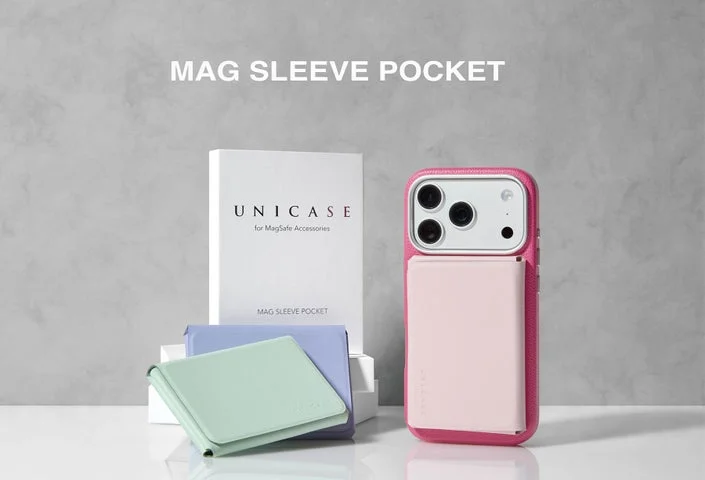 MAG SLEEVE POCKETの製品名テキストと、iPhoneに装着した状態および複数色のカード