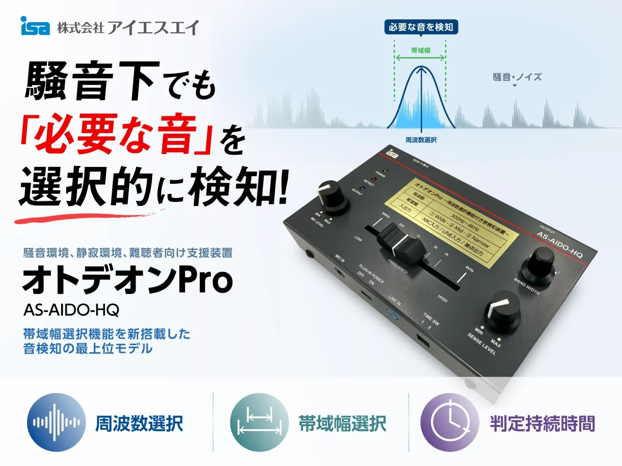 オトデオンPro AS-AIDO-HQの製品写真と周波数選択機能の図解