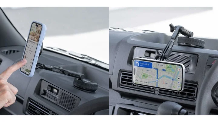 車内のダッシュボードに設置されたMagSafe対応スマホホルダーの使用例