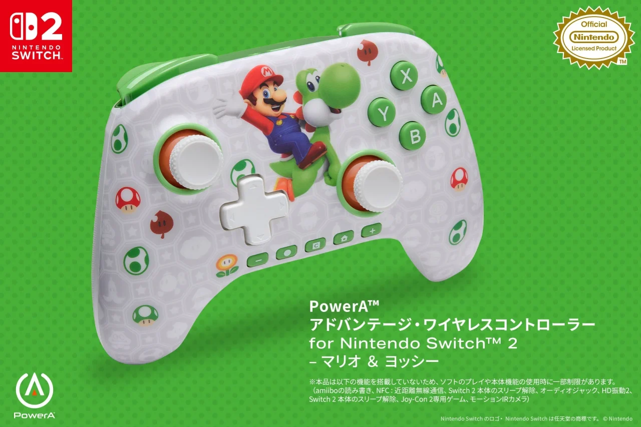マリオとヨッシーのデザインが施されたNintendo Switch 2対応のPowerAワイヤレスコントローラー