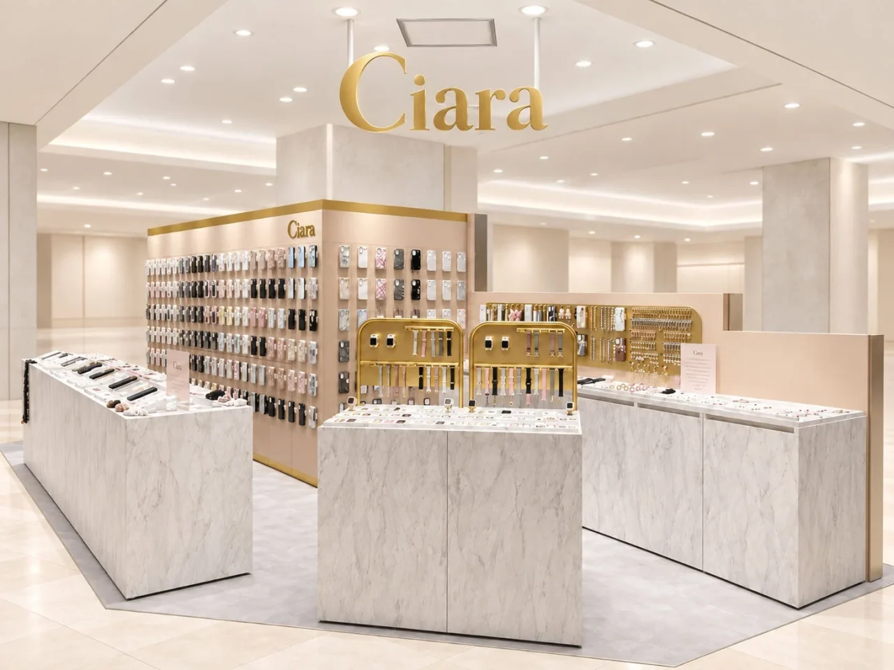 Ciaraルミネ横浜店の店内。スマホケースやアクセサリーが多数展示された体験型スペース。