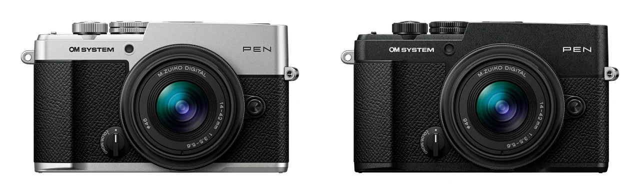 OM SYSTEM PEN ボディー（シルバー／ブラック）とレンズ装着時の外観