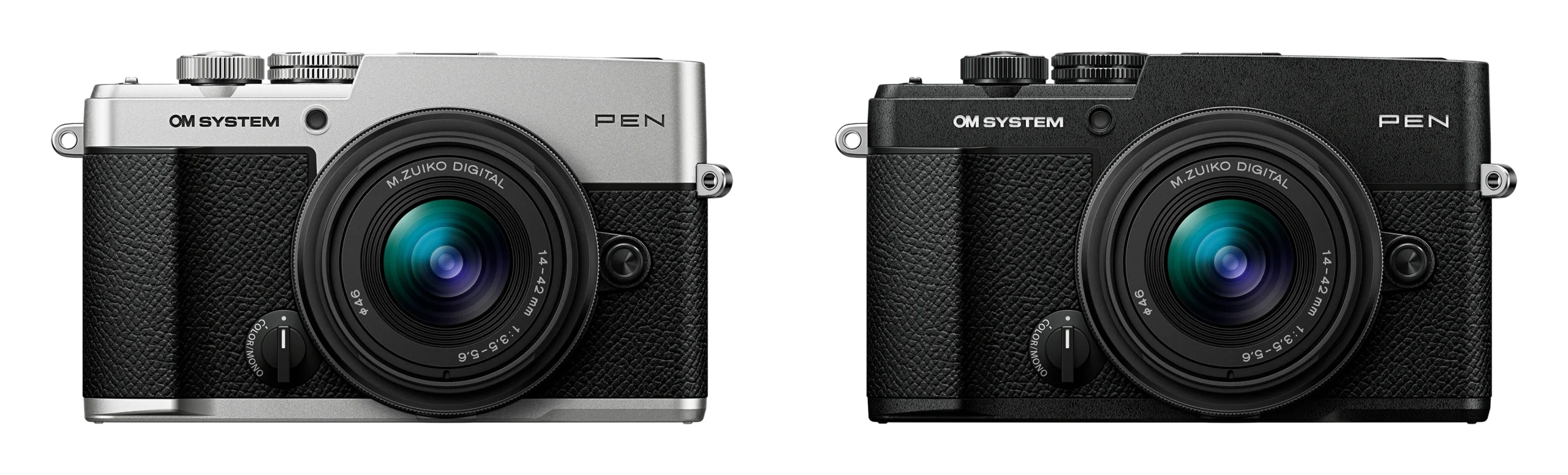 OM SYSTEM PEN ボディー（シルバー／ブラック）とレンズ装着時の外観
