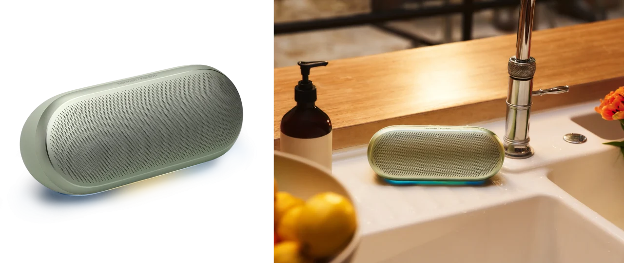 Harman Kardon Luna 2 ミントの製品写真とキッチンでの利用シーン