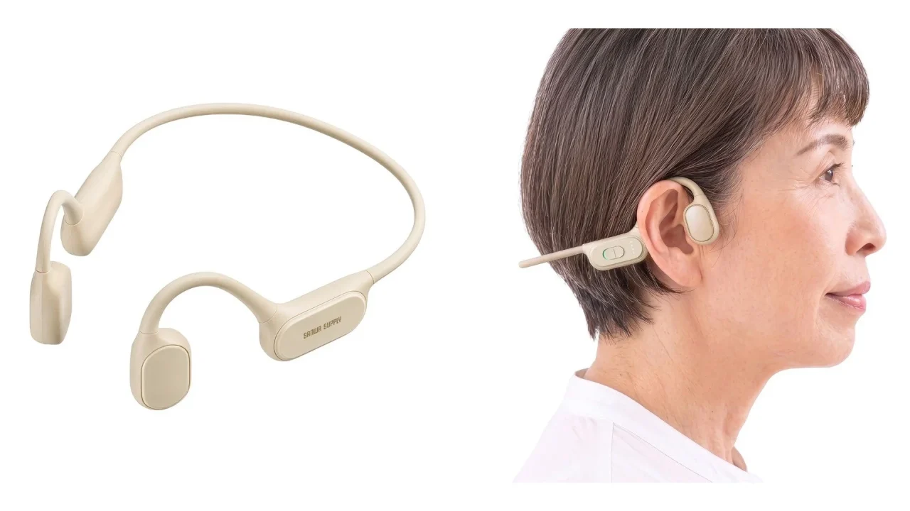 骨伝導集音器400-HABC1BGのベージュカラー製品と装着イメージ