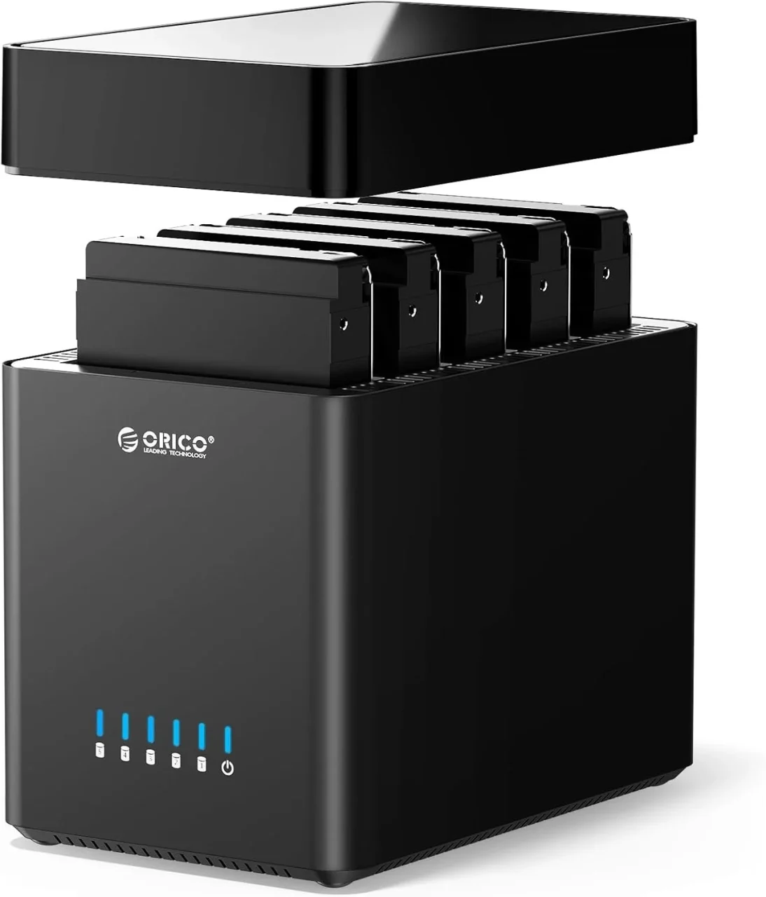 ORICO 3.5インチHDDケース5ベイ。上蓋を開けた状態の黒い筐体と、前面のLED表示。