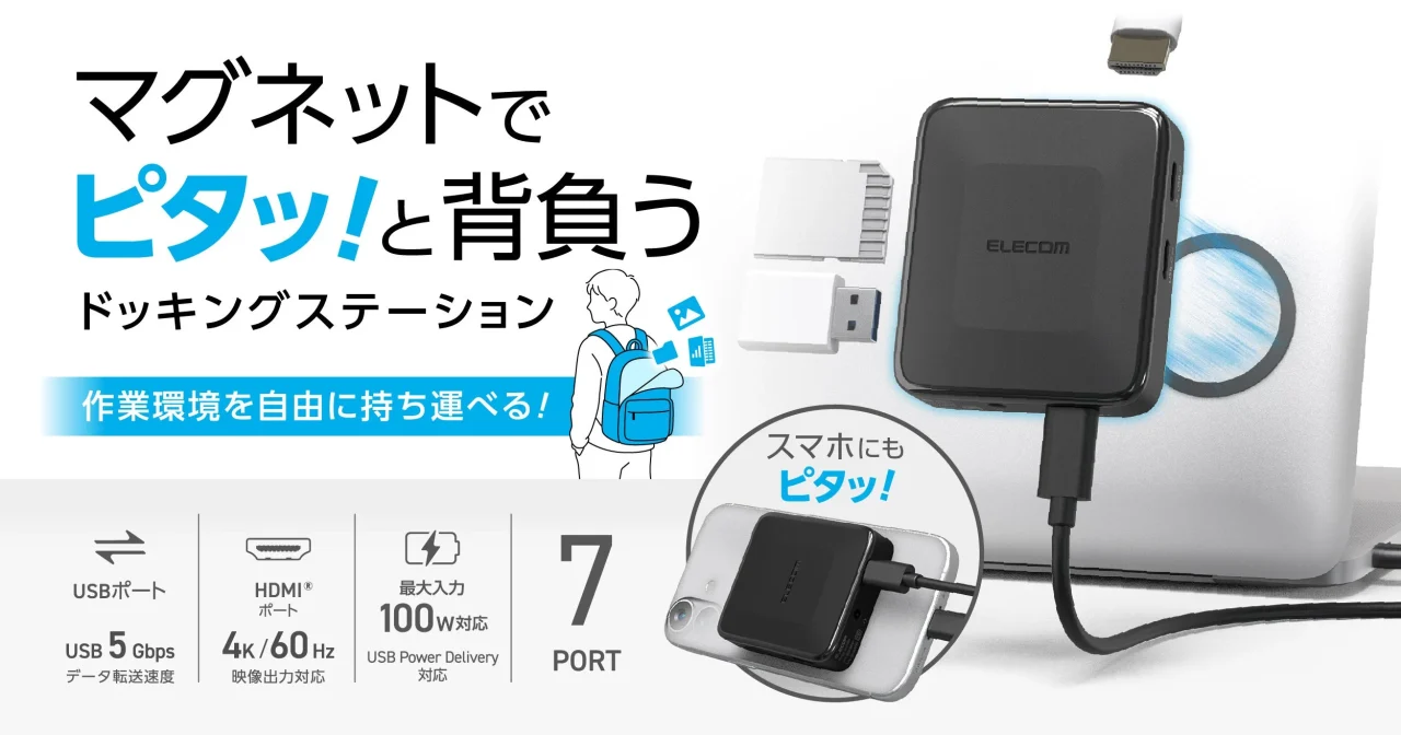 MAGKEEP 7in1ドッキングステーションの製品ビジュアル。ノートPC背面装着とスマホ接続のイメージ、USB・HDMI・100W対応・7ポートの仕様テキスト