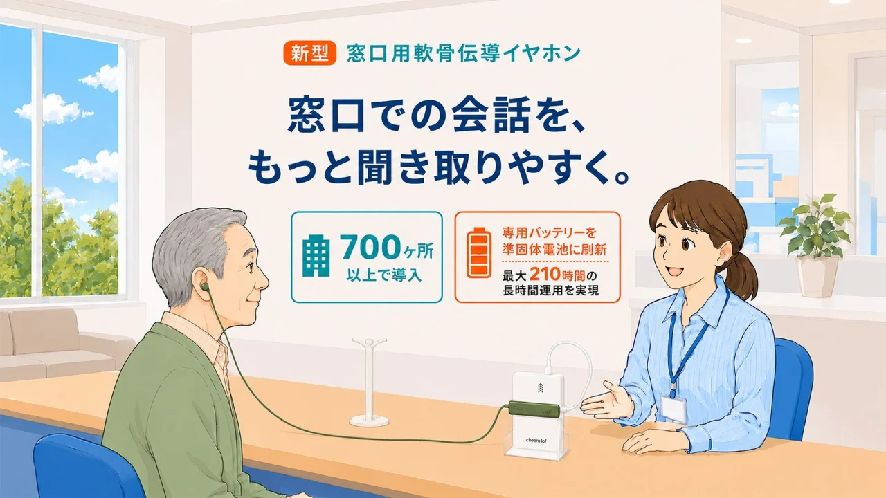 新型窓口用軟骨伝導イヤホンの利用シーンを描いた告知イラスト