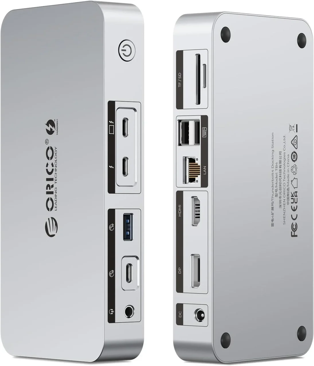 ORICO 12-in-1 Thunderbolt 4 ドッキングステーションのシルバー筐体と各ポート
