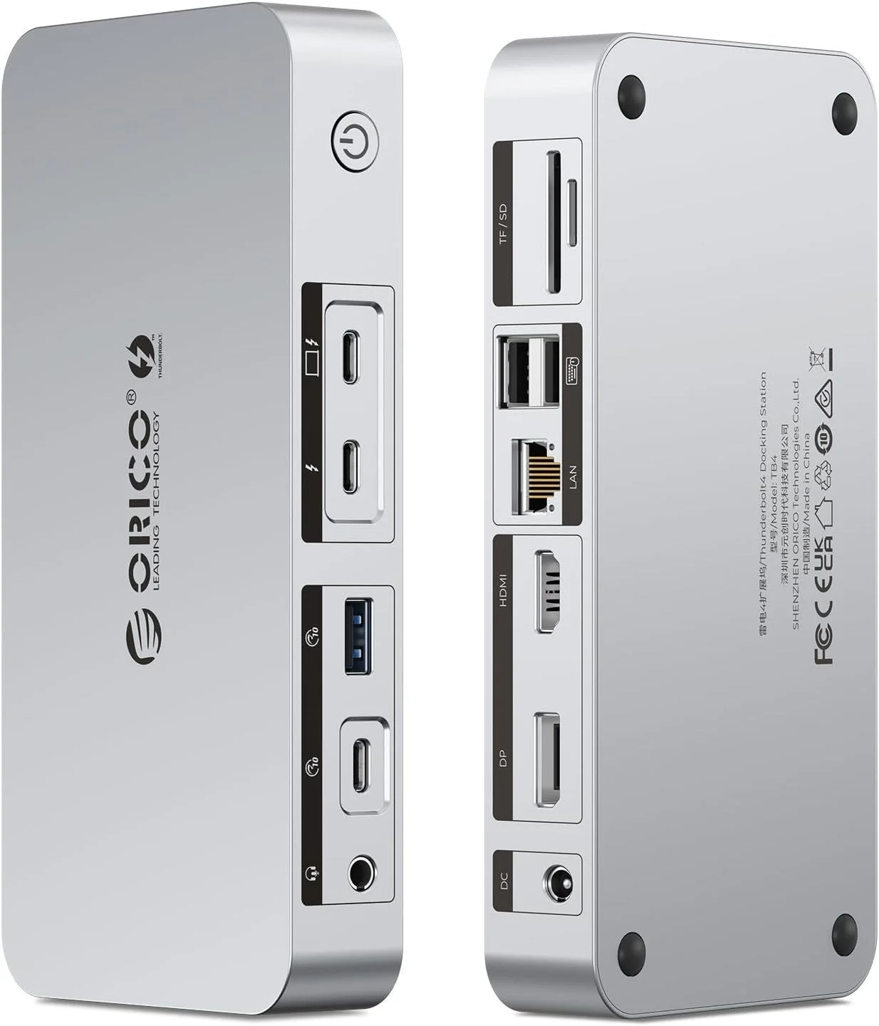 ORICO 12-in-1 Thunderbolt 4 ドッキングステーションのシルバー筐体と各ポート