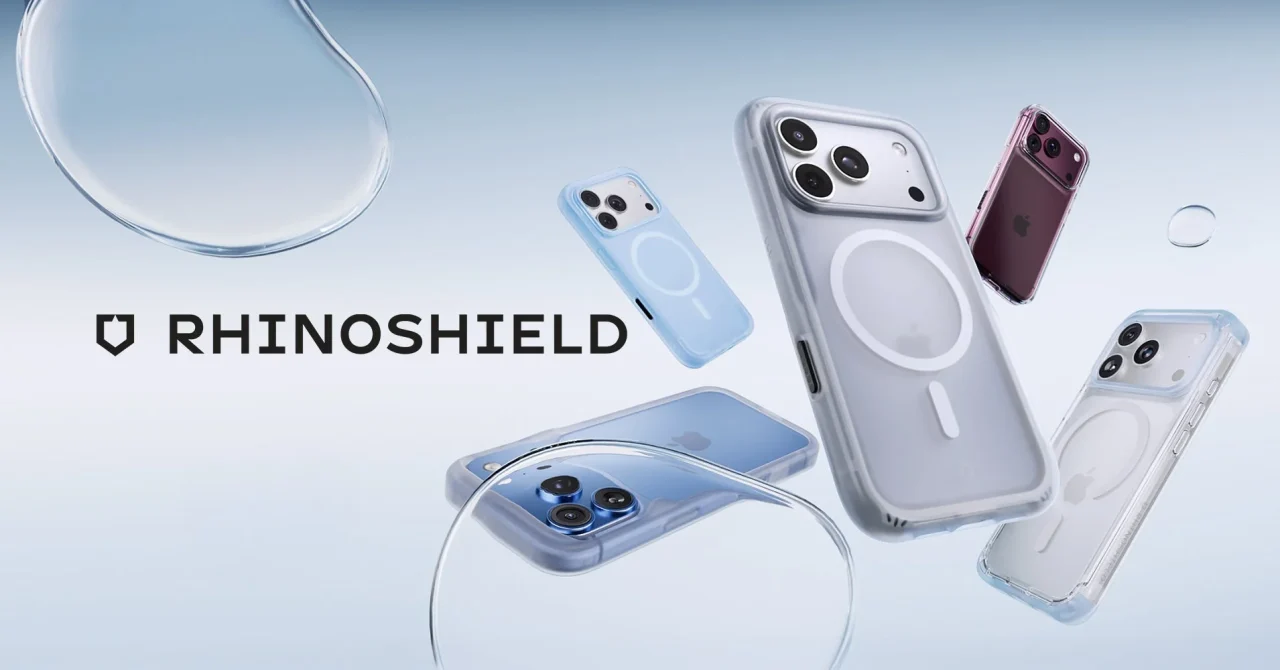 RHINOSHIELDロゴと、iPhone 18 Pro対応スマホケース複数種の集合写真