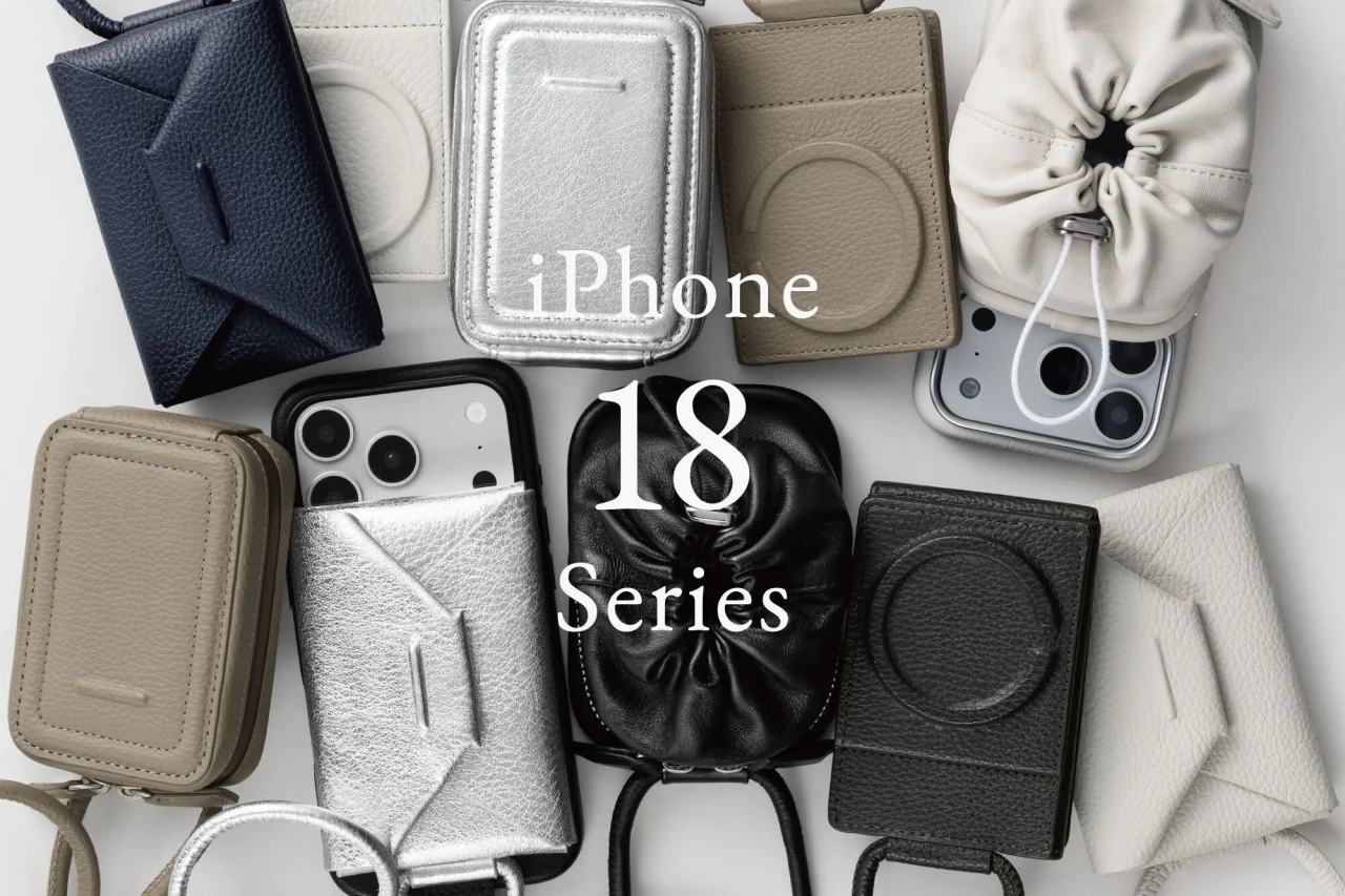 iPhone 18シリーズ対応のレザー製スマホケースとショルダーの集合写真