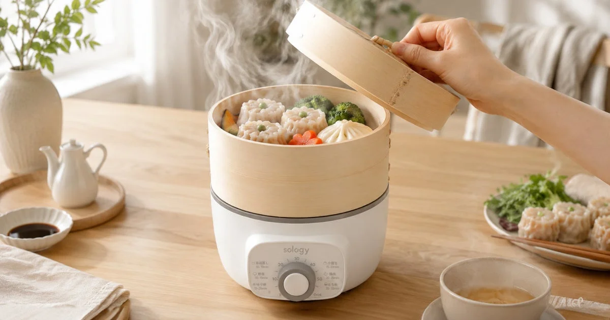 sology電気蒸し器ESS5601WHの竹せいろに食材を入れ蓋を開ける様子