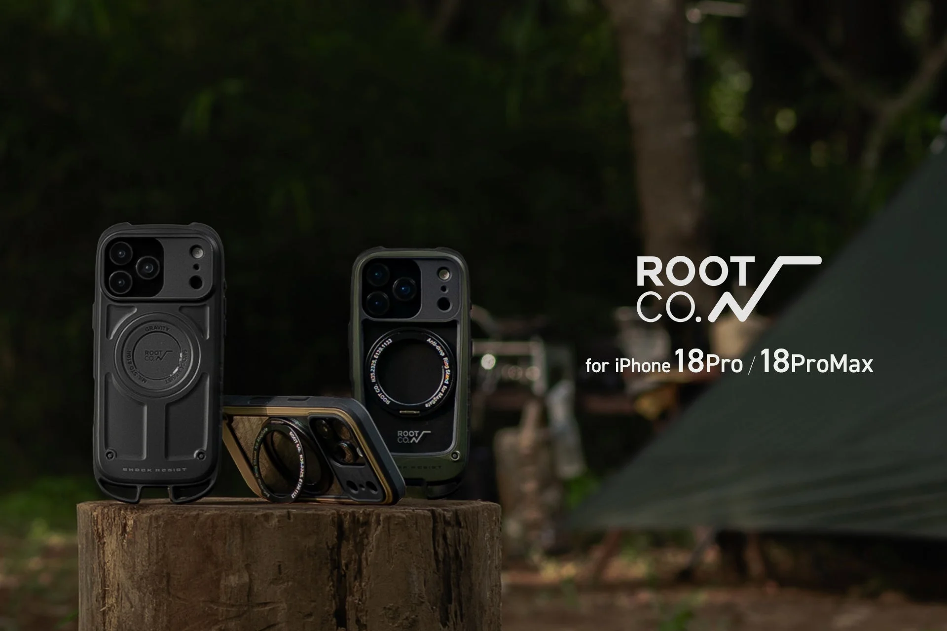 ROOT CO. iPhone 18 Pro/18 ProMax対応耐衝撃iPhoneケースのアウトドアシーンでの集合写真