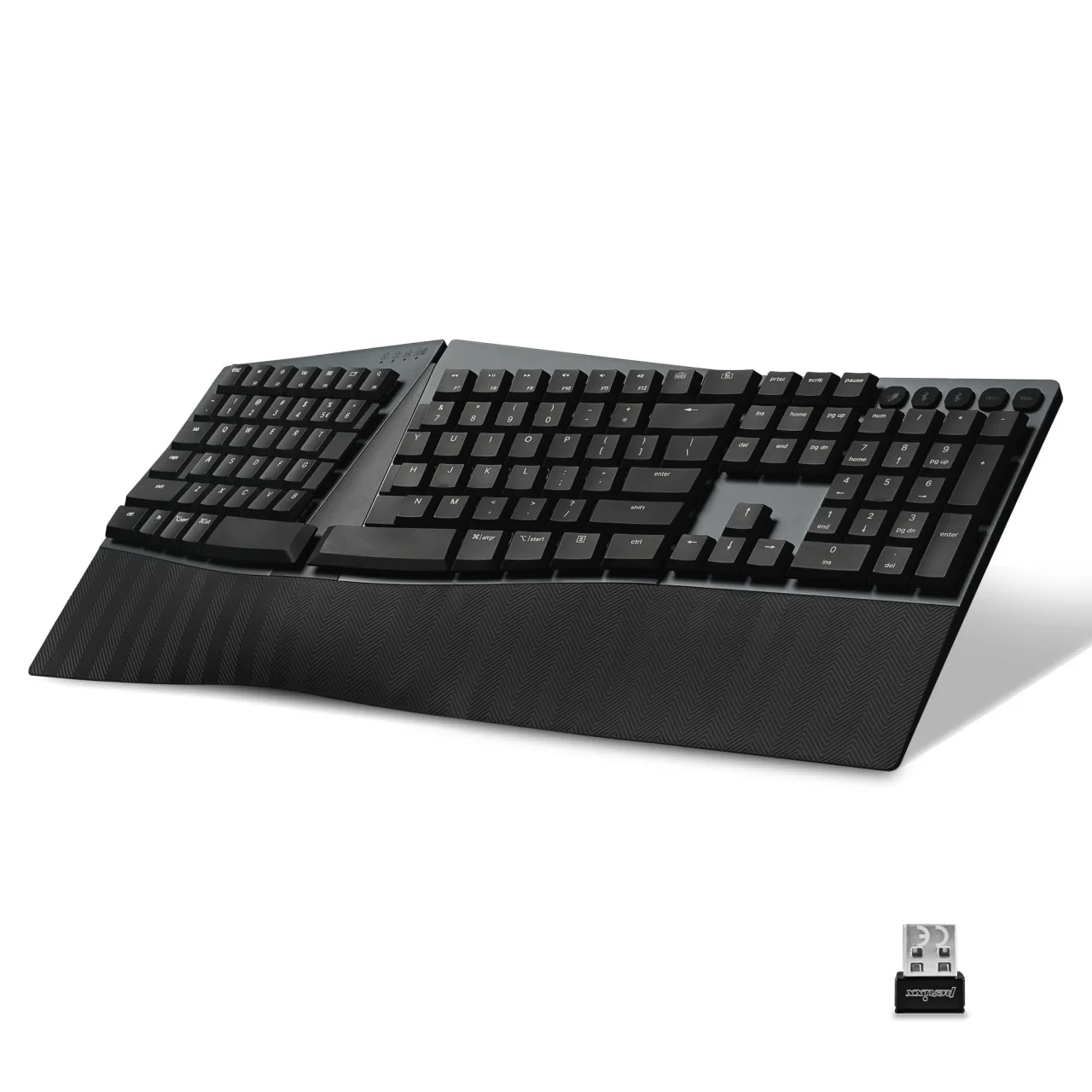 PERIBOARD-735の黒いスプリットレイアウトキーボードとUSBレシーバー
