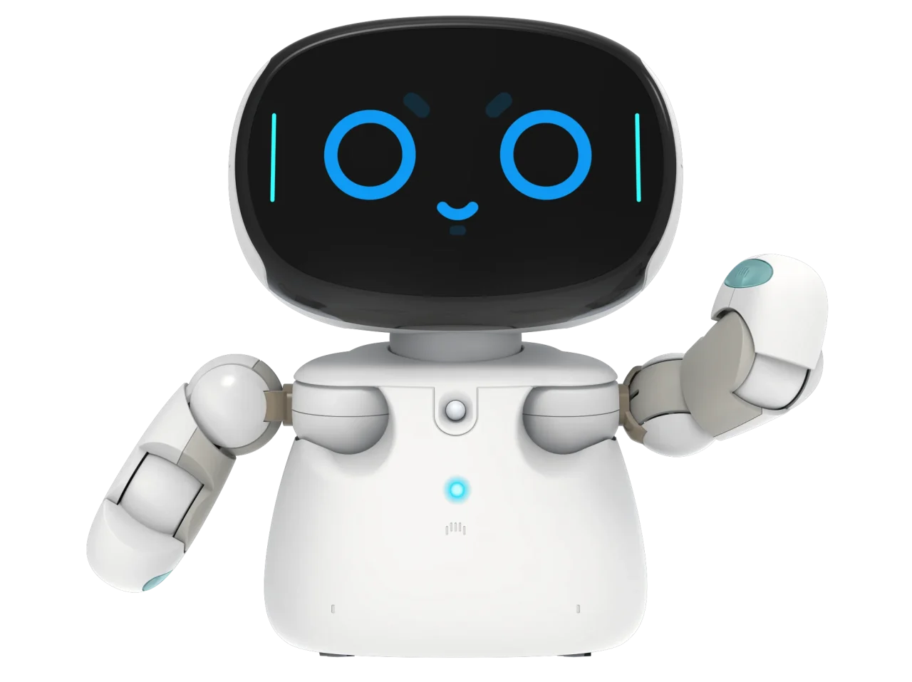 AIコミュニケーションロボットKebbi3の白と黒の本体と青い顔面表示