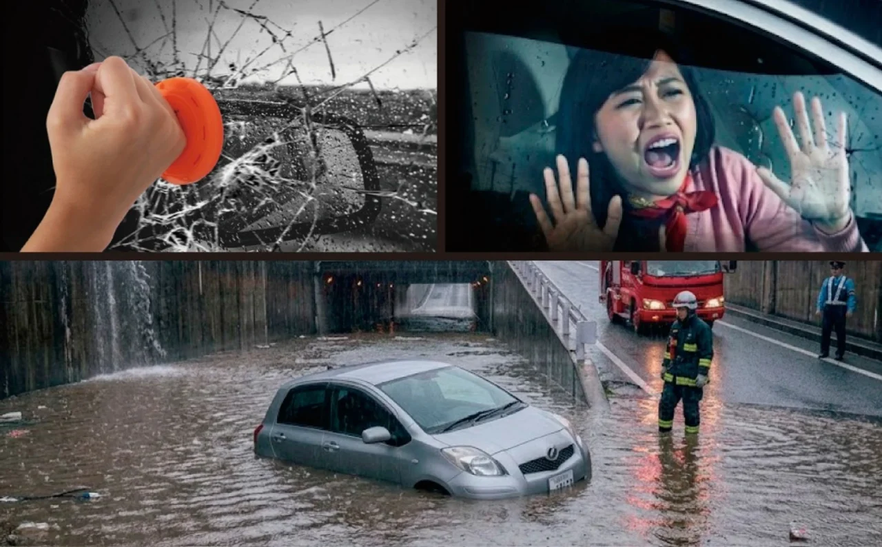 SAFE T SYL FLEXのオレンジ色ハンマーで割れたガラス、車内に閉じ込められた女性、水没した車両の3枚の画像