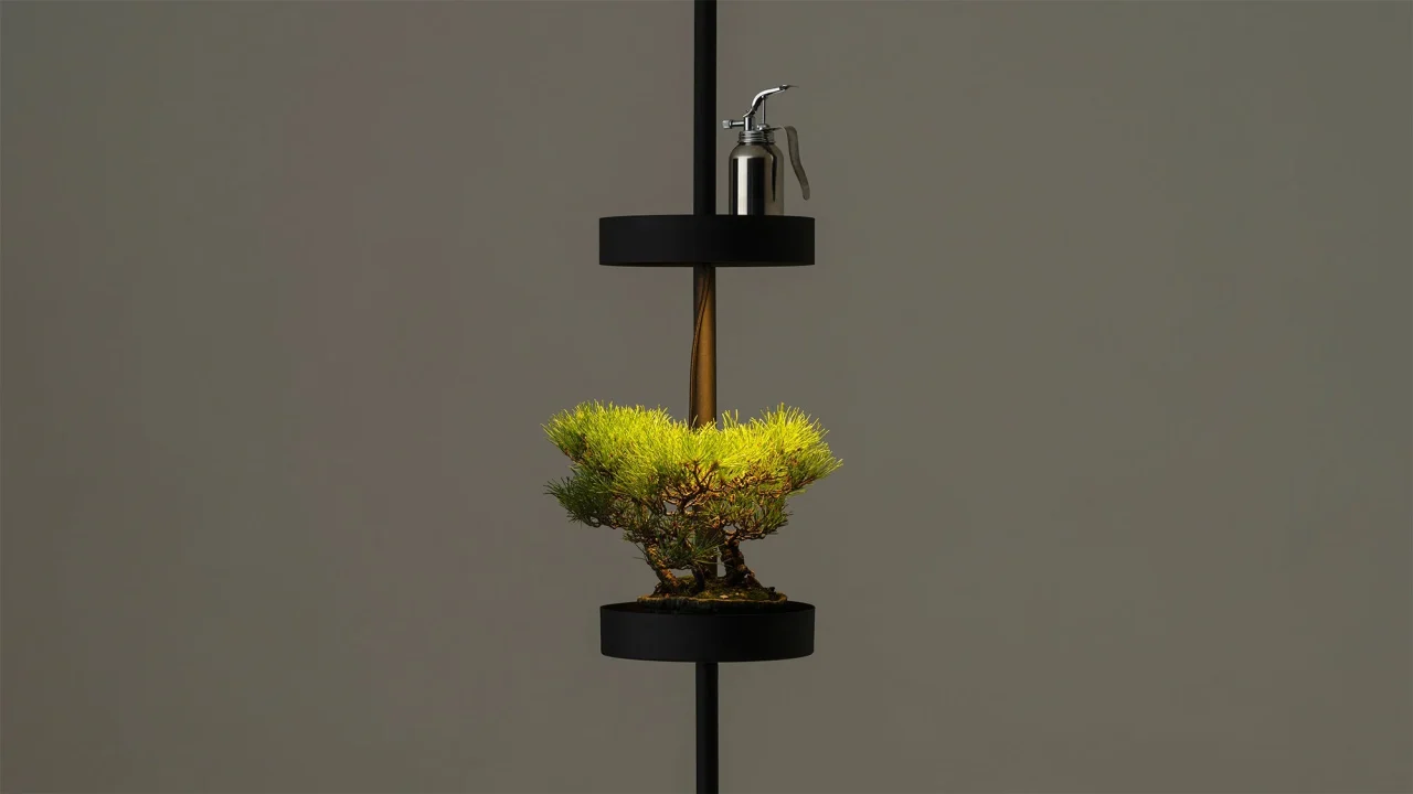 Grow Light シリーズの突っ張り棒に植物とスプレーボトルを配置した様子