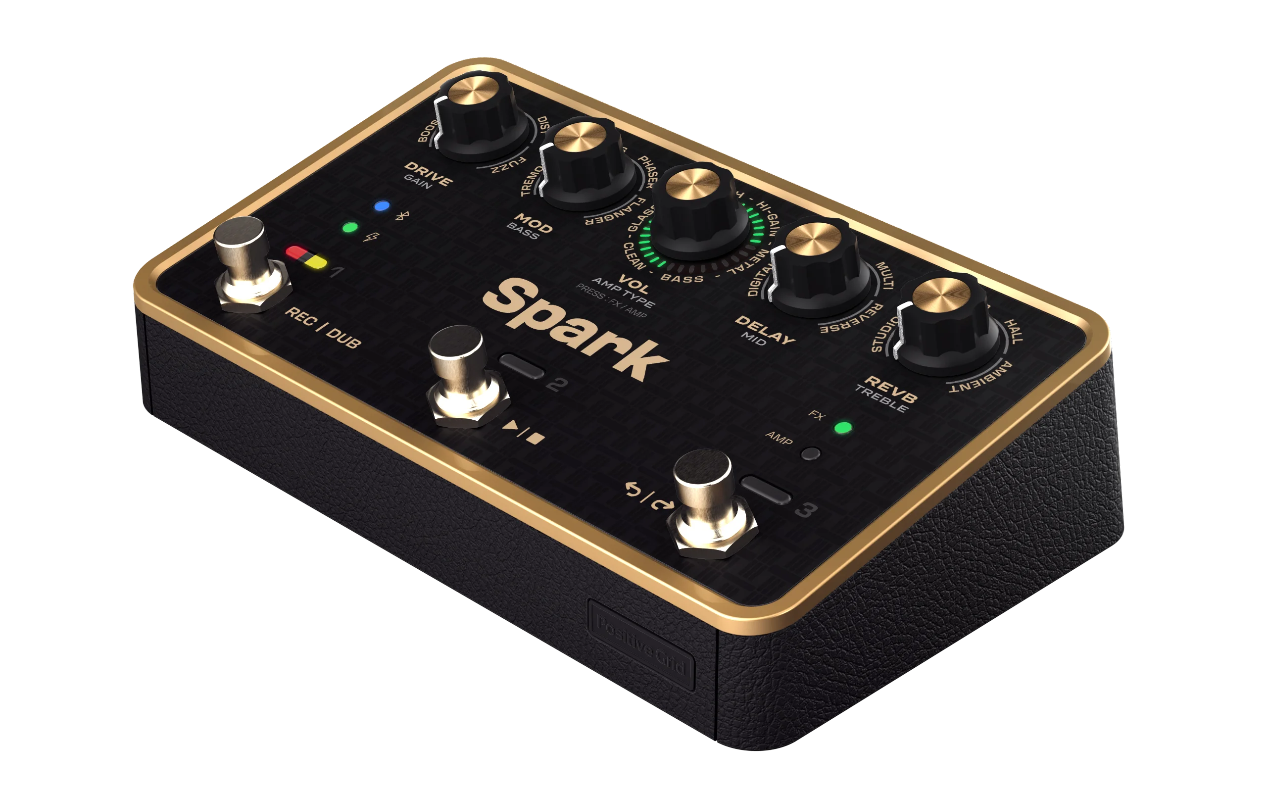 Spark PEDALの黒とゴールドの筐体とノブ・スイッチ