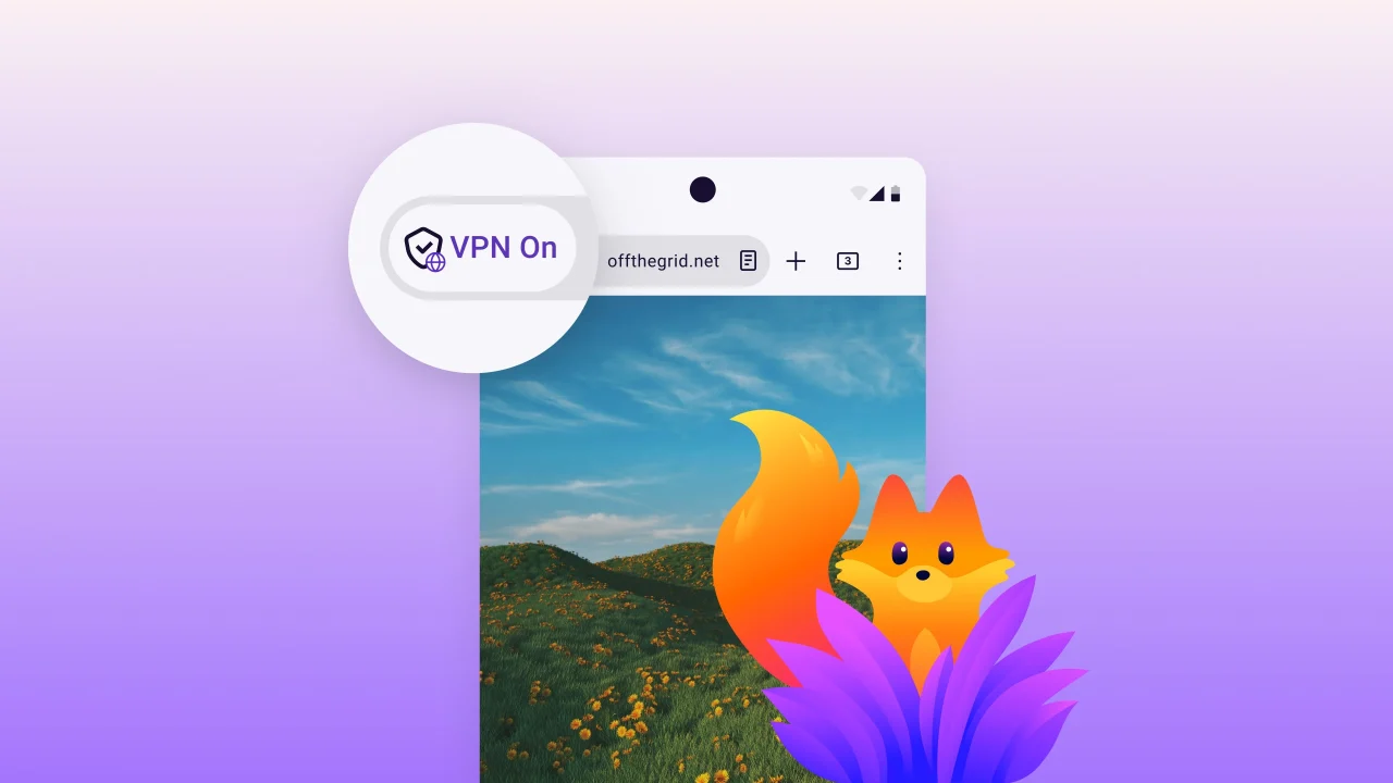 Firefox組み込みVPNのAndroid版UIとFirefoxのロゴ