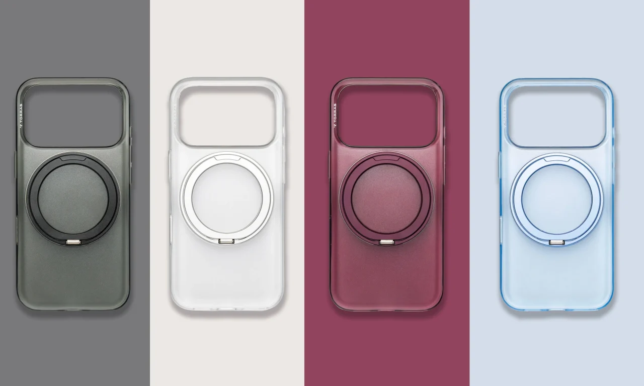 O型スタンド付きiPhoneケース4色の背面を並べた画像