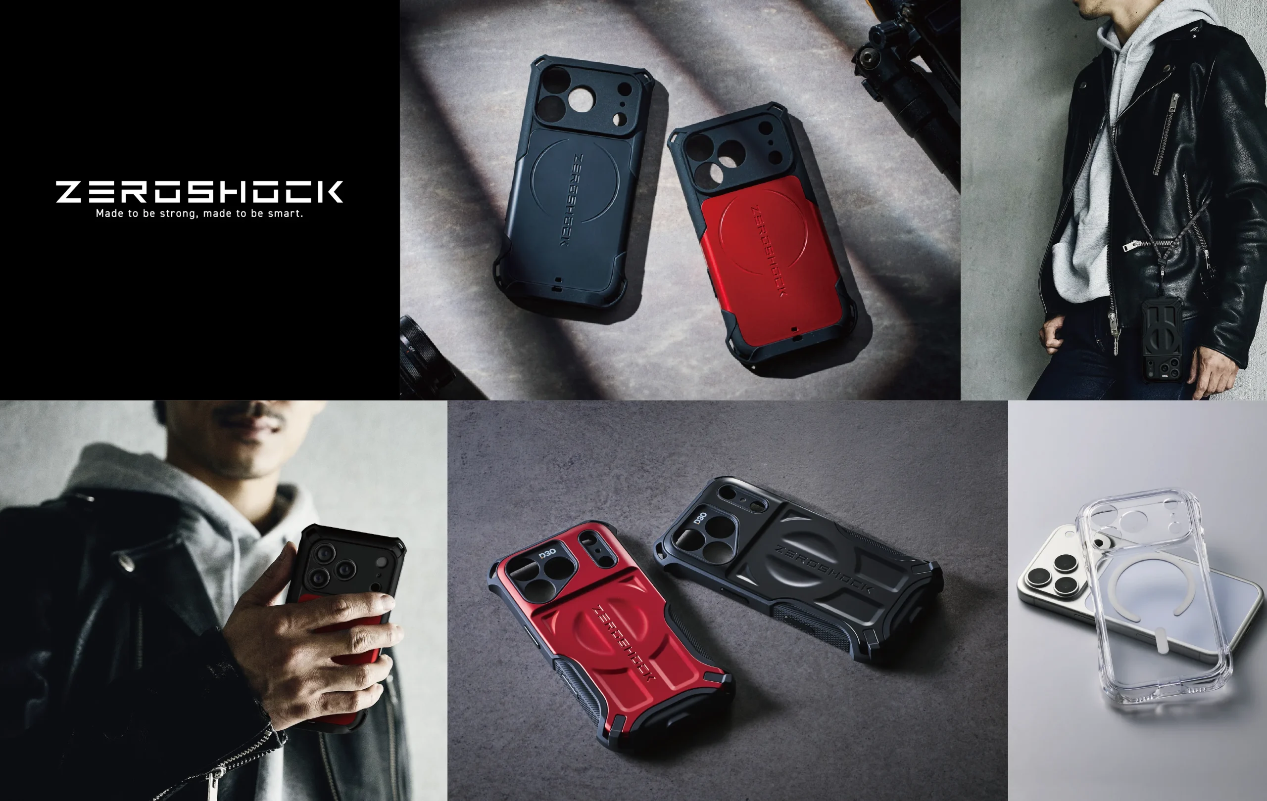 ZEROSHOCKロゴと新型iPhoneケースの製品写真、利用シーンが並ぶ告知ビジュアル