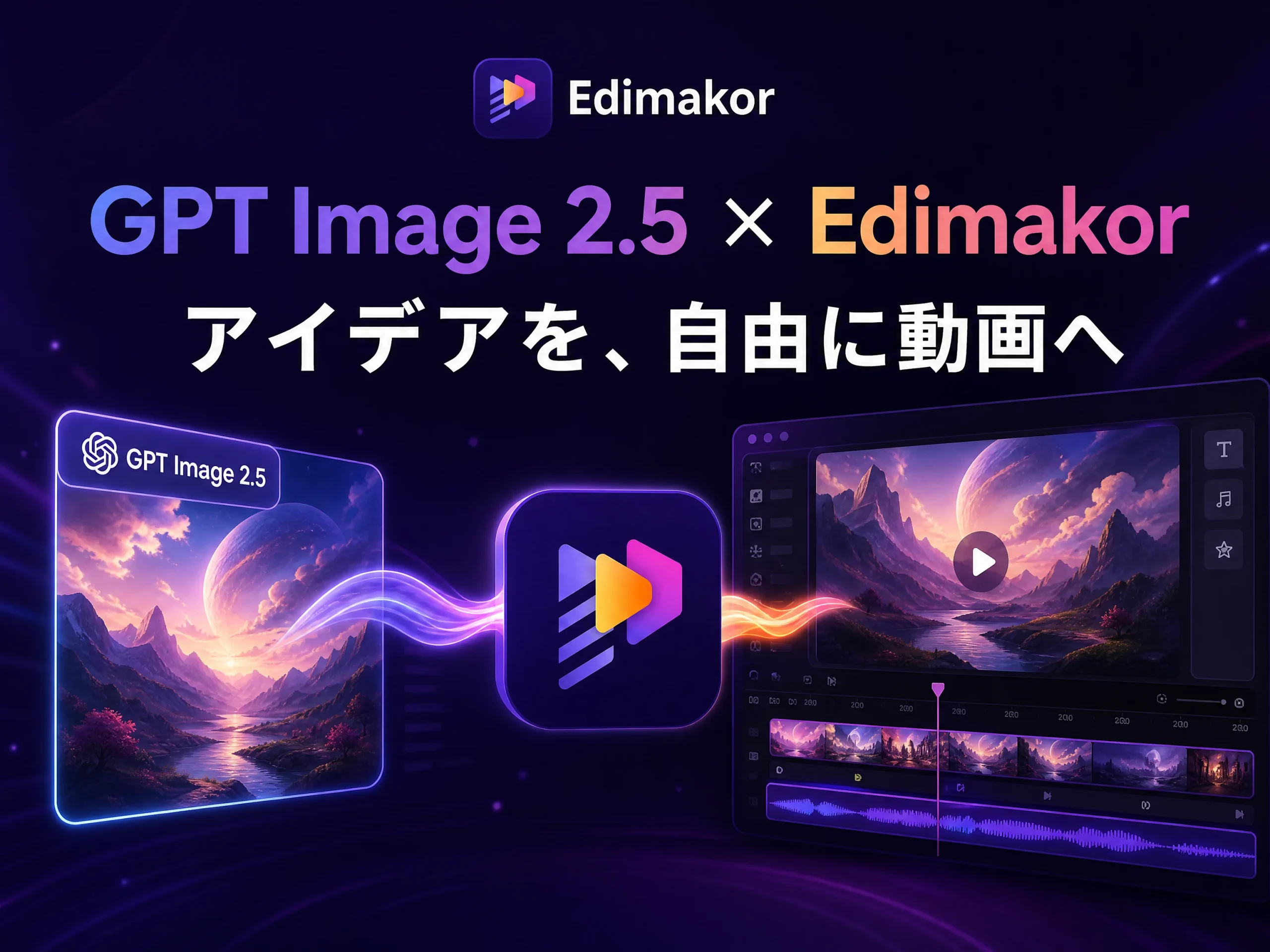 GPT Image 2.5とEdimakorのロゴ、画像生成から動画編集へのフローを示す告知ビジュアル