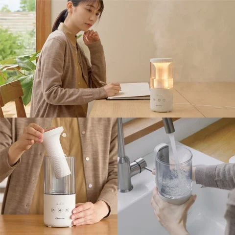 女性がデスクで加湿器を使用し、パーツを取り外し、蛇口で洗浄している様子