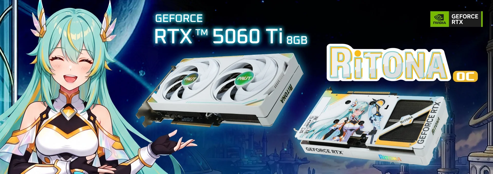RiTONAキャラクターとGeForce RTX 5060 Ti 8GB RiTONA OCの告知ビジュアル