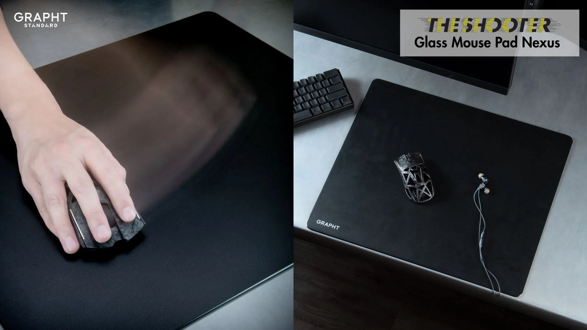 THE SHOOTER - Glass Mouse Pad Nexusの黒いガラス製マウスパッドとマウス