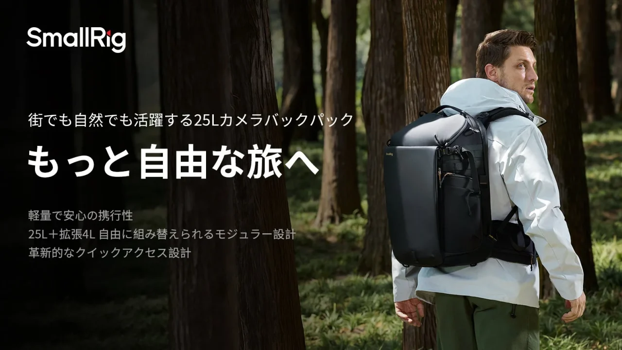 SmallRig 25Lカメラバッグを背負う人物とキャッチコピー