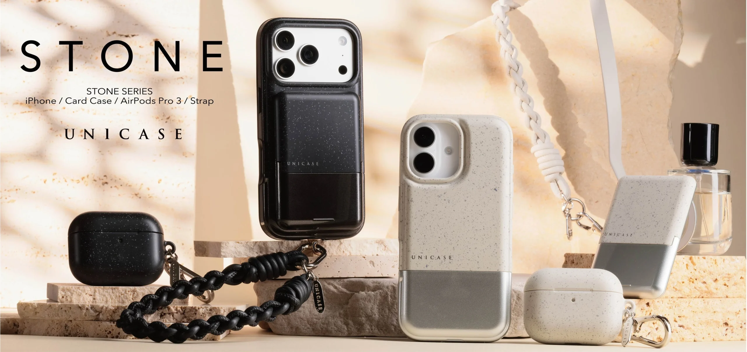 UNICASE STONE SERIESのiPhoneケース、カードケース、AirPods Pro 3ケース、ストラップの集合写真