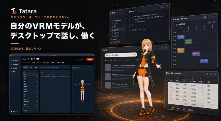 デスクトップ画面にVRMキャラクターと各種ツールウィンドウが表示されたTataraの利用イメージ