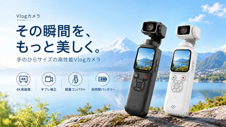 富士山を背景に、ブラックとホワイトのVlogカメラHJD05を並べた告知画像