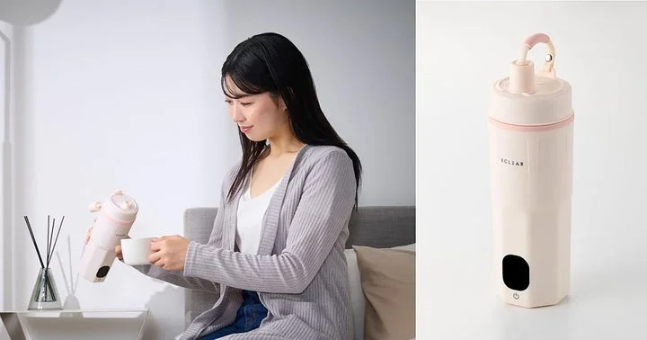 女性がポータブルケトルからカップにお湯を注ぐ様子と、製品単体の画像
