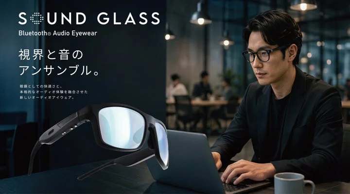 ノートPCで作業する男性がSOUND GLASSを着用している様子