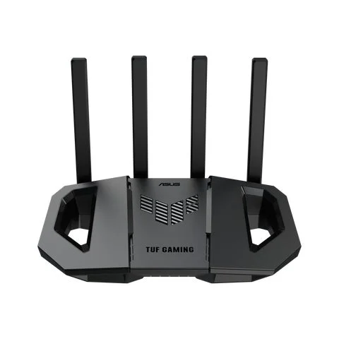 4本のアンテナを備えた黒いASUS TUF Gamingルーターの正面図
