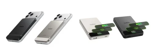 スマートフォン背面に装着した薄型モバイルバッテリーと、充電残量を表示するディスプレイ付きモデル