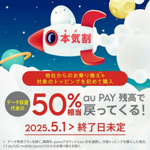 本気割の50%還元を伝えるロケットのイラスト付き告知画像