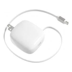 白いコードリール式充電器本体と内蔵されたUSB Type-Cケーブル