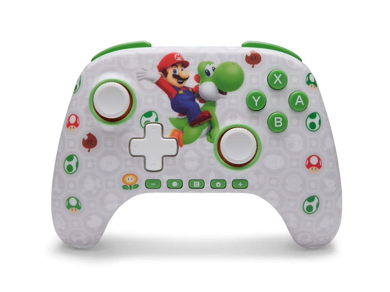 マリオとヨッシーのデザインが施されたPowerAワイヤレスコントローラーの正面