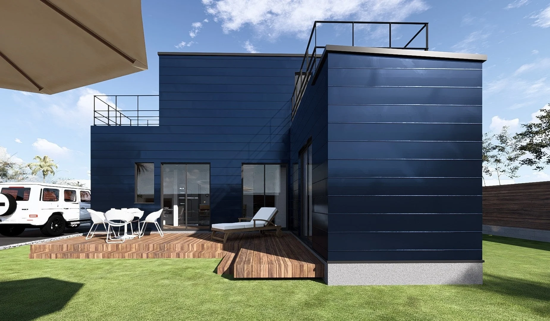 Modular houseの外観イメージ。青い外壁の建物とウッドデッキ