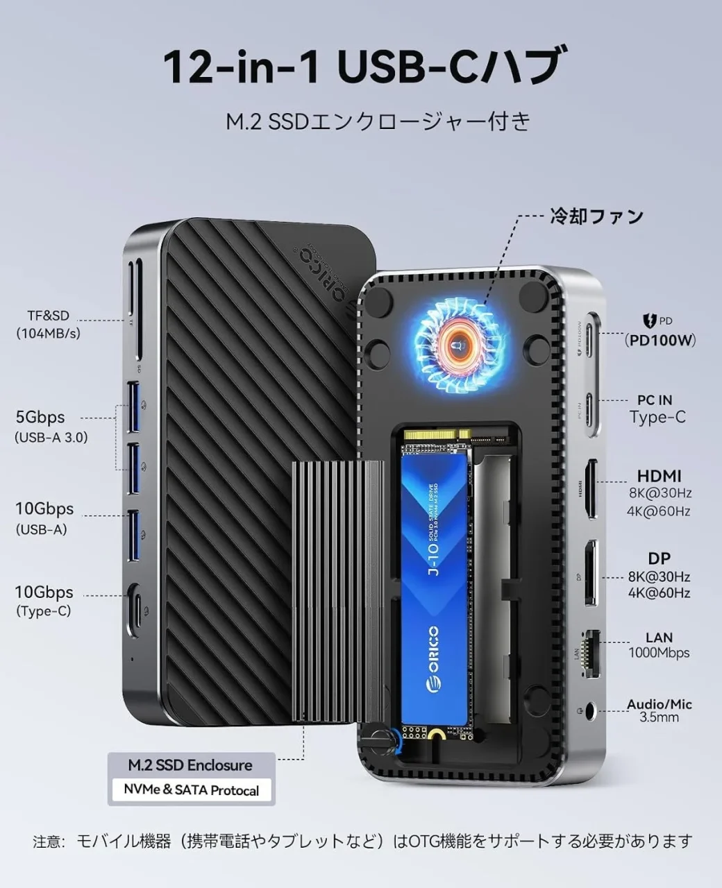 ORICO 12-in-1 USB-Cハブのポート配置とM.2 SSDエンクロージャー構造