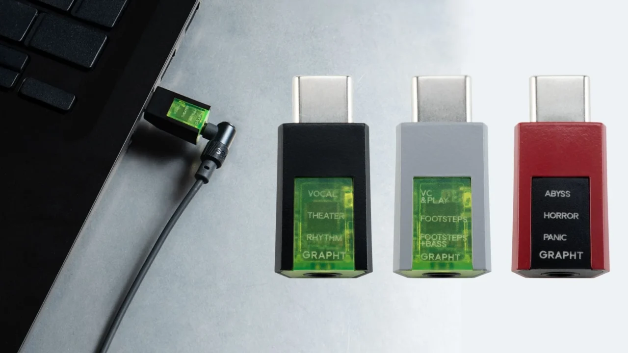 GRAPHT Mini DAC 3種とUSB変換アダプターを並べた外観