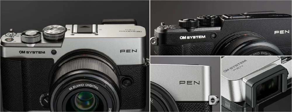 OM SYSTEM PENのシルバーとブラックのボディー、レンズ、電子ビューファインダーのデザイン