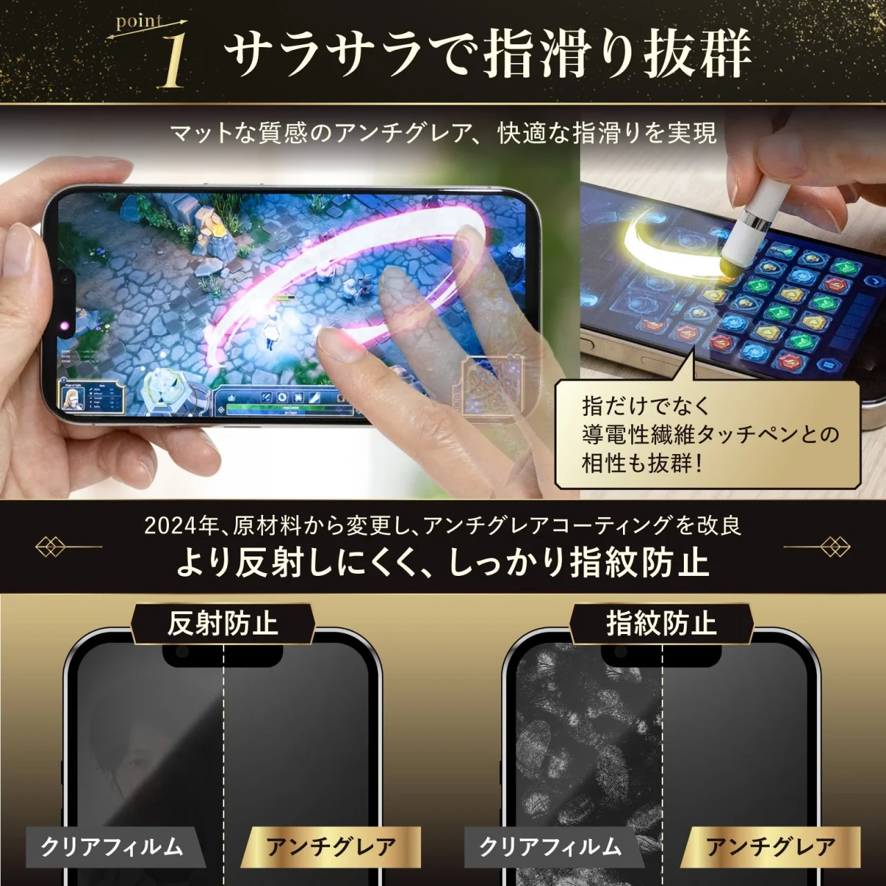 モンスターフィルムアンチグレアタイプの指滑りと反射防止・指紋防止の比較図
