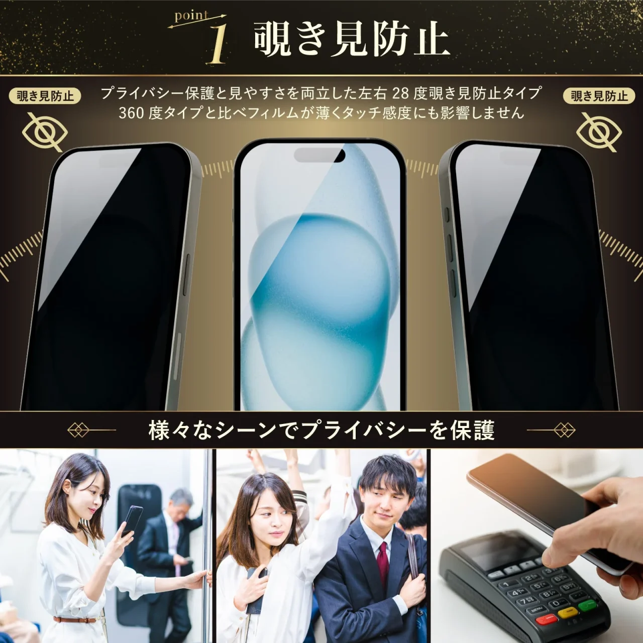 モンスターフィルムの覗き見防止機能と、電車や決済時の利用シーン
